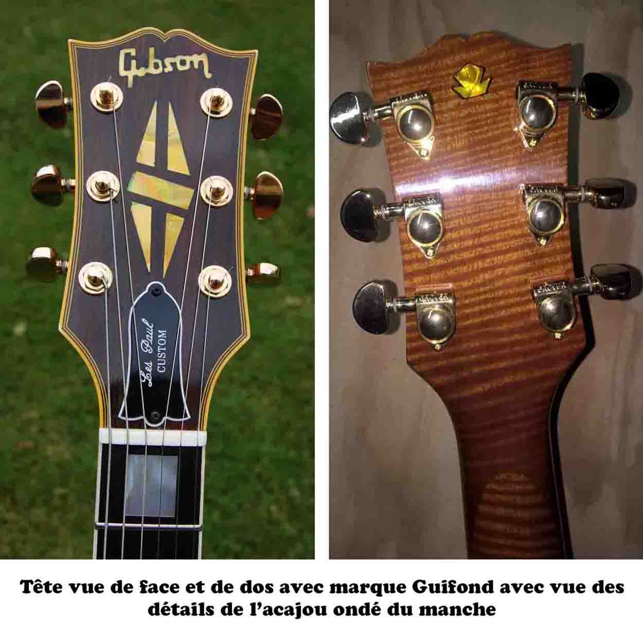 Photos de la tête vue de devant et de derrière de la guitare GB son